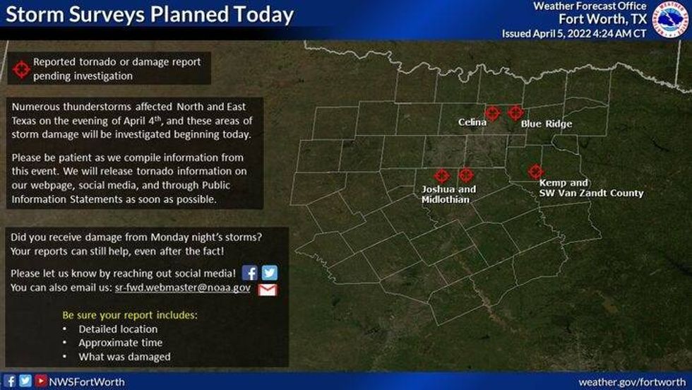 The National Weather Service will survey damage at five sites across North Texas on Tuesday, April 5, 2022.