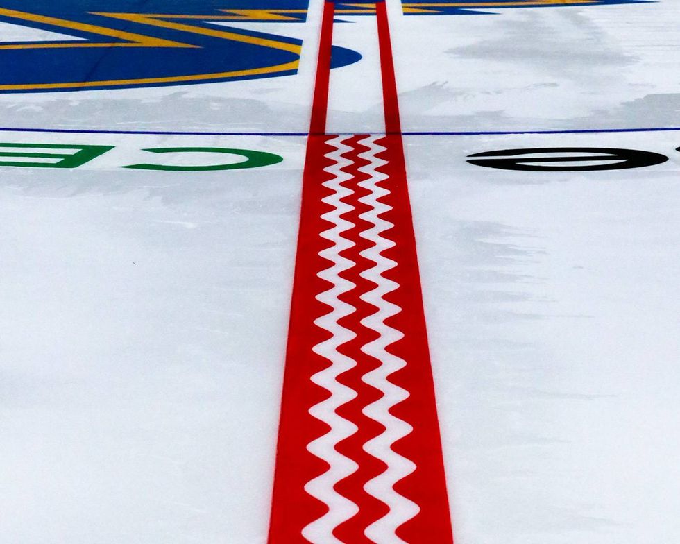 The new center ice line design at Enterprise Center