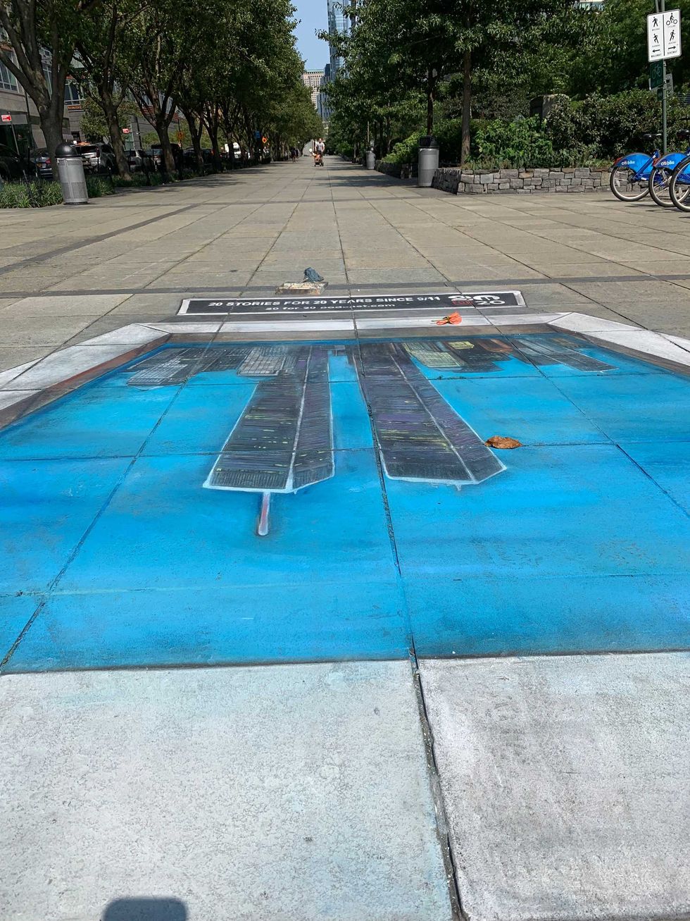 The new chalk art at the southern foot of the Hudson River Greenway in Battery Park City.