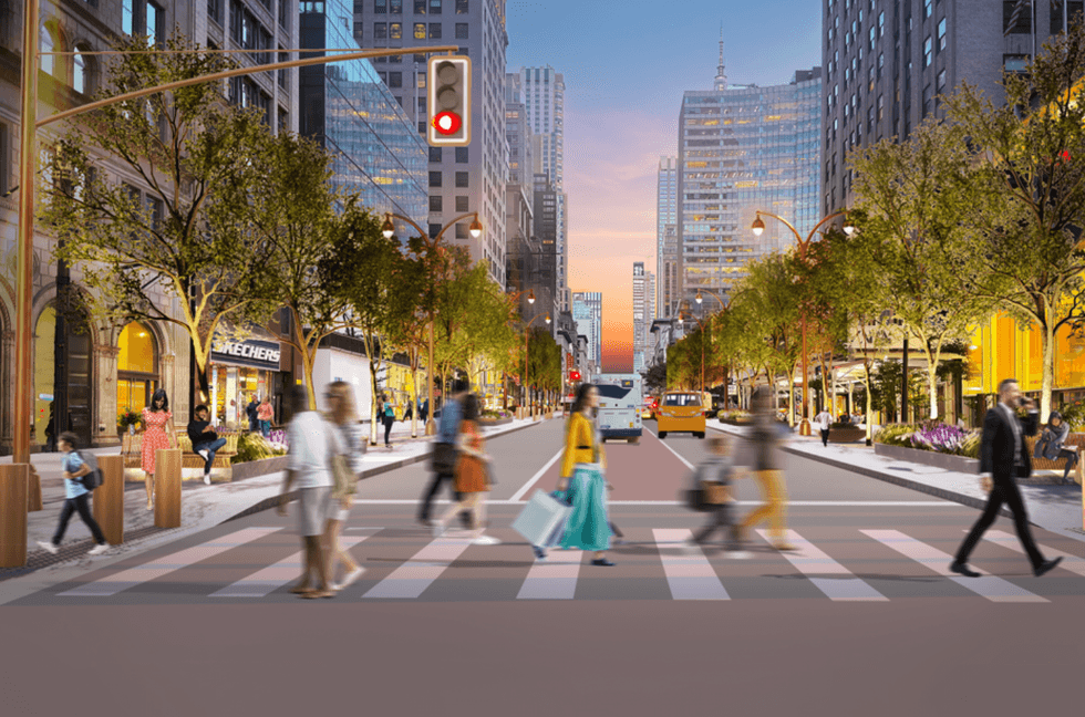 The new plan would have three lanes of vehicular traffic and two 33.5 feet sidewalks