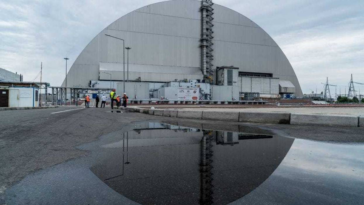 The 'New Safe Confinement' at the Chernobyl Nuclear Power Plant on July 2, 2019 in Pripyat, Ukraine. (Photo by Brendan Hoffman/Getty Images)