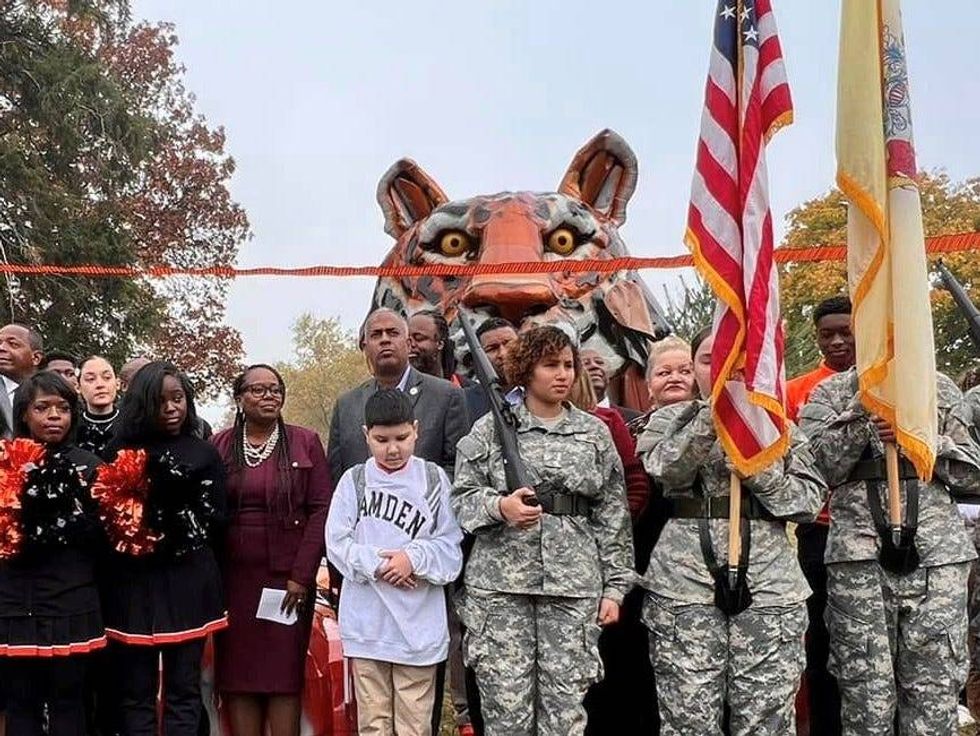 The new tiger statue outside Eastside High School in Camden.