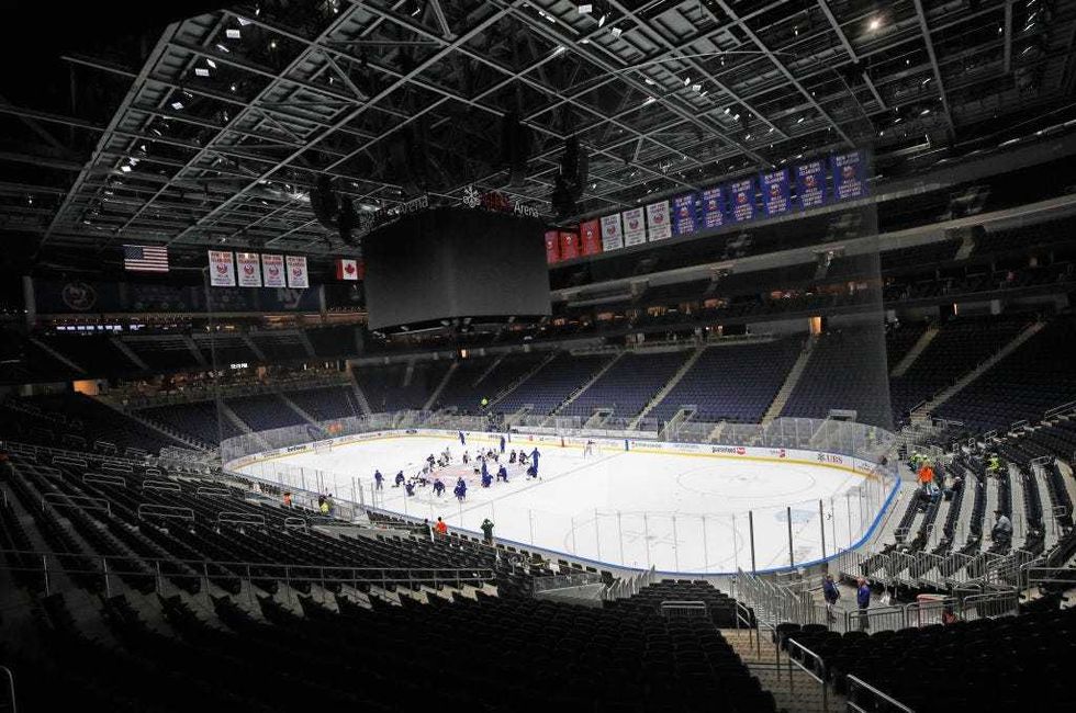 The New York Islanders hockey team practices for the first time at their new $1.1 billion dollar rink which will debut Saturday night at UBS Arena on November 18, 2021 in Elmont, New York.