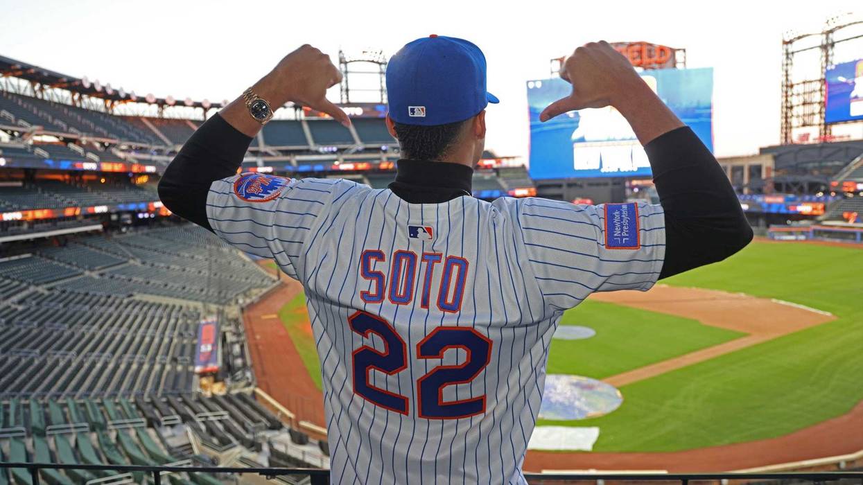 The New York Mets newest player Juan Soto (#22) poses at Citi Field in Flushing, New York, on Dec. 12, 2024