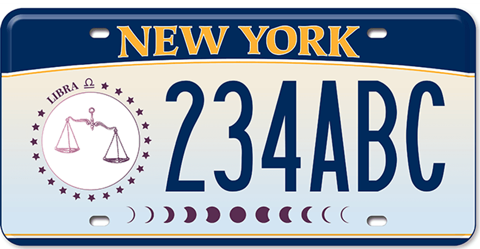 The New York State DMV released a series of zodiac-themed license plates; Libra pictured above.
