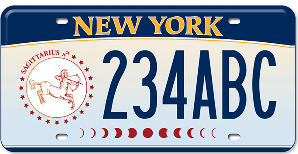 The New York State DMV released a series of zodiac-themed license plates; Sagittarius pictured above.
