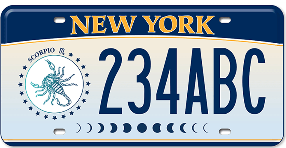 The New York State DMV released a series of zodiac-themed license plates; Scorpio pictured above.