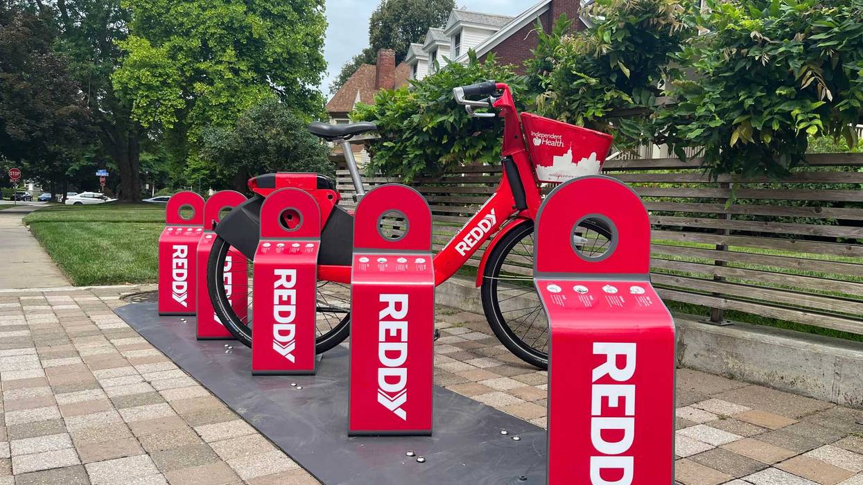 The newly-installed bike rack outside of Frank Lloyd Wright's Martin House in Buffalo, N.Y.