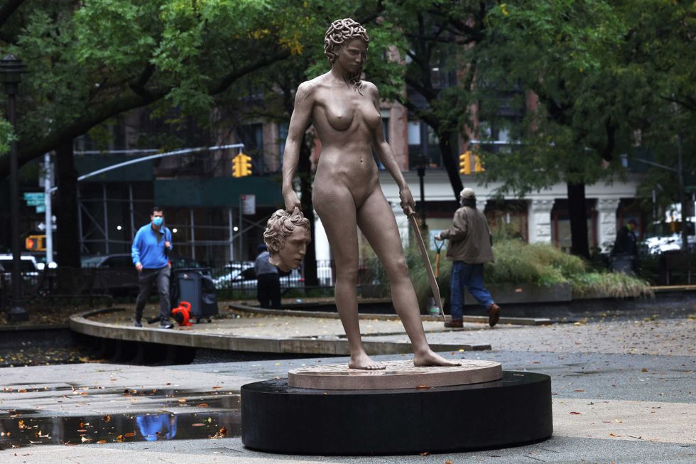 The newly installed statue of "Medusa With The Head of Perseus" by Argentine-Italian artist Luciano Garbati stands in Collect Pond Park on October 13, 2020 in New York City.