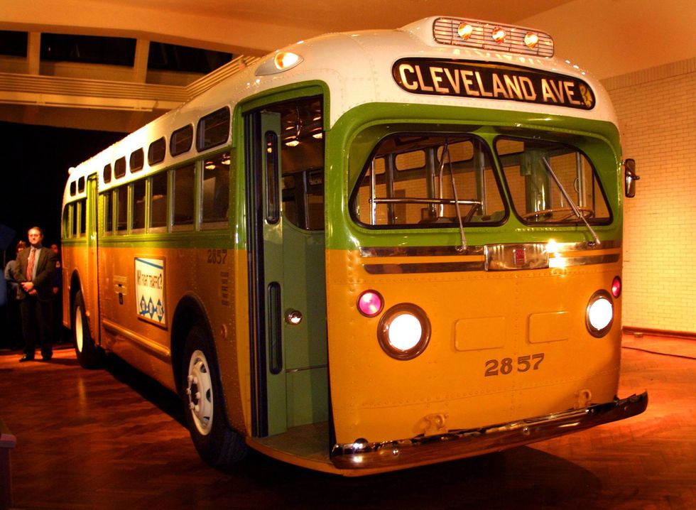 The newly restored Montgomery, Alabama bus where Rosa Parks refused to give up her seat to a white man, is on permanent display at the Henry Ford Museum in Dearborn, Michigan. The bus, once-decrepit after sitting in a Montgomery field for thirty years, underwent five-months of restoration to refurbish the vehicle to the way it looked on December 1, 1955 when Parks made her defiant stand.