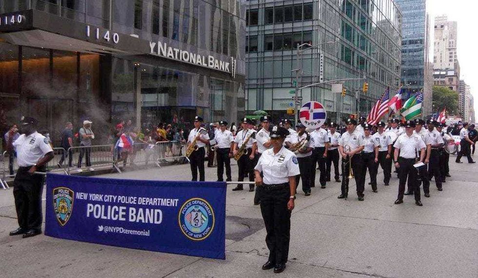 The NYPD band walks in the Dominican Day Parade on Aug. 8, 2021.