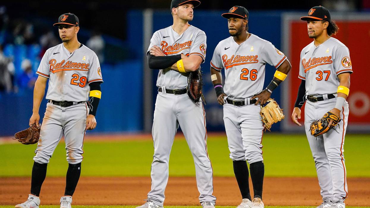 The O's infield, featuring Ramon Urias and Jorge Mateo