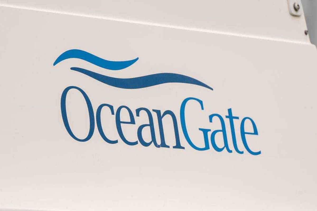 The OceanGate logo is seen on a vessel stored near the OceanGate offices on June 21, 2023 in Everett, Washington.