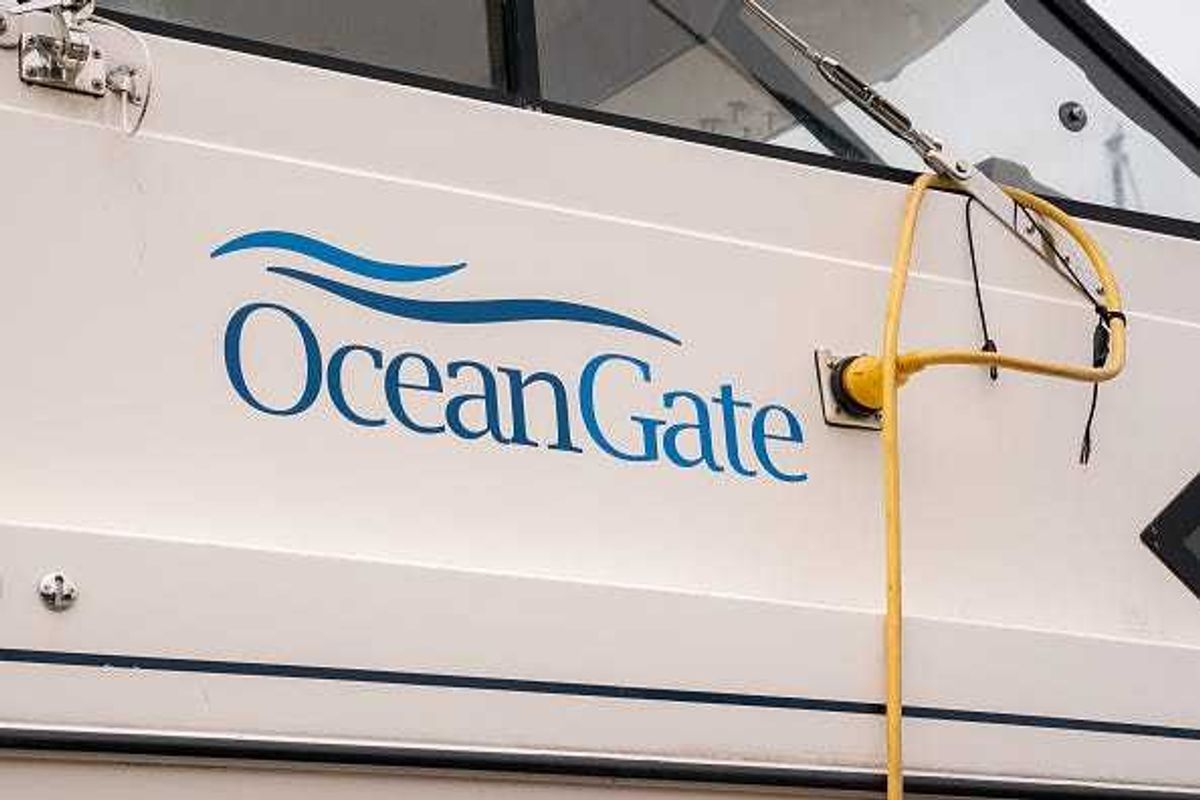 The OceanGate logo is seen on a vessel stored near the OceanGate offices on June 21, 2023 in Everett, Washington.