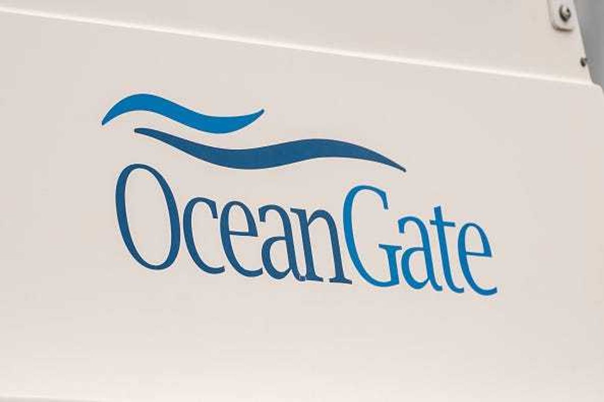 The OceanGate logo is seen on a vessel stored near the OceanGate offices on June 21, 2023 in Everett, Washington.