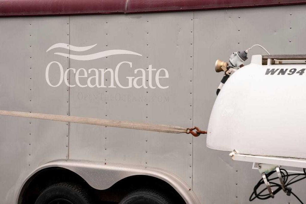 The OceanGate logo is seen on equipment stored near the OceanGate offices on June 21, 2023 in Everett, Washington. OceanGate, owner of the missing submersible carrying five people trying to visit the Titanic wreckage in the North Atlantic, operates out of Everett. (Photo by David Ryder/Getty Images)