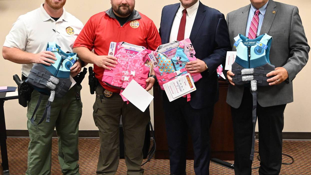 the Oconee County Sheriff's Foundation recently purchased 10 children's life jackets for The Oconee County Sheriff's Office Marine Unit receives life jacket donations to hand out to help promote water safety for children.