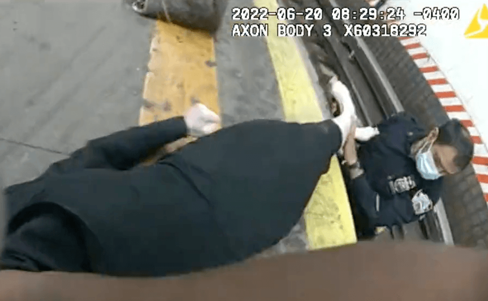 The officers pulled the woman from the tracks. She was taken to an area hospital in stable condition with a head injury