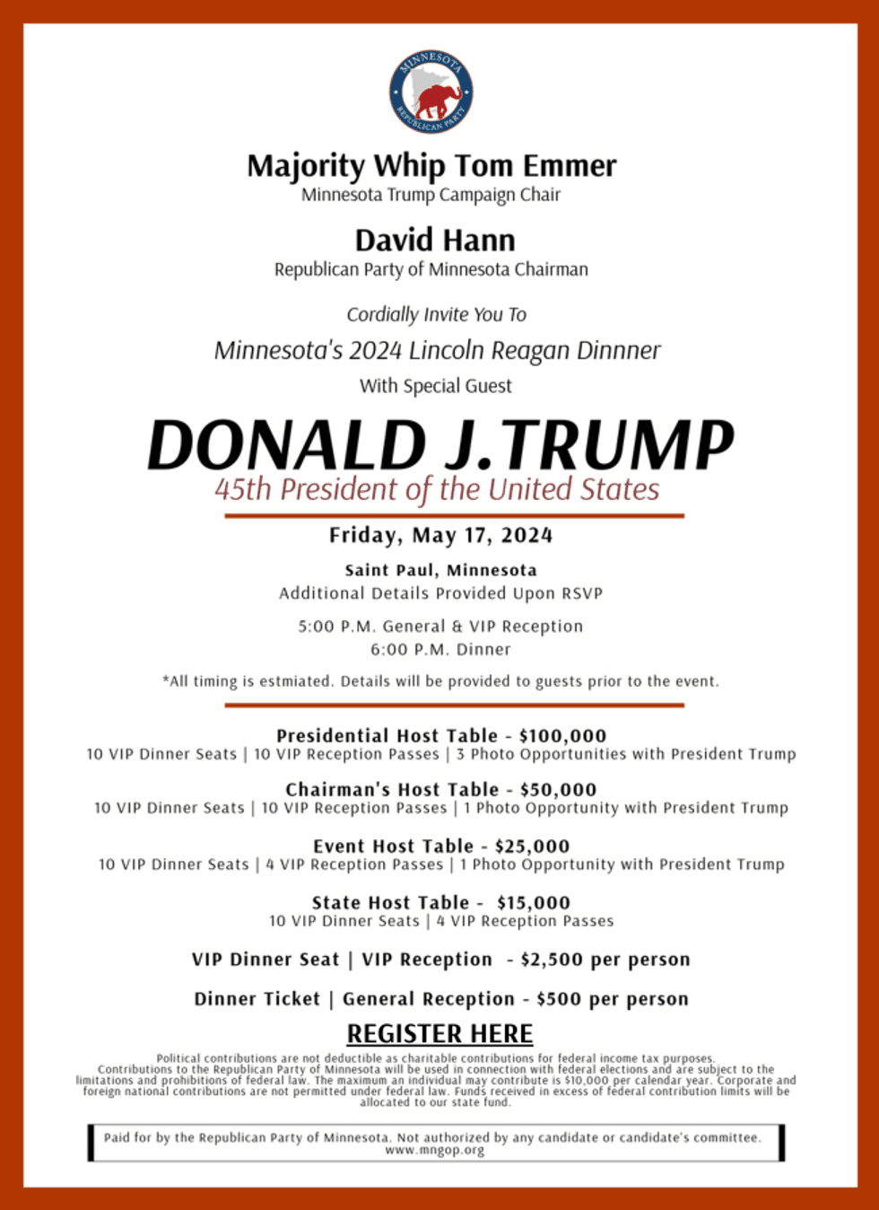 The official invite to the Minnesota Republican Party 2024 Lincoln Reagan Dinner.
