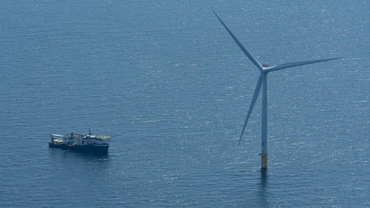 The offshore supply boat Cade Candies sits off one of the Vineyard Wind turbines installed 12 miles south of Marth's Vineyard, April 29, 2024.