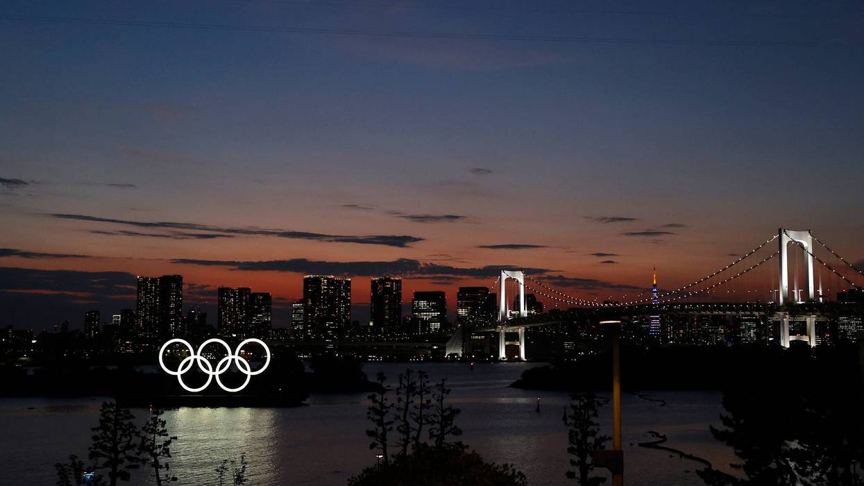 The Olympic Rings are displayed by the Odaiba Marine Park Olympic venue ahead of the Tokyo 2020 Olympic Games on July 19, 2021 in Tokyo, Japan.