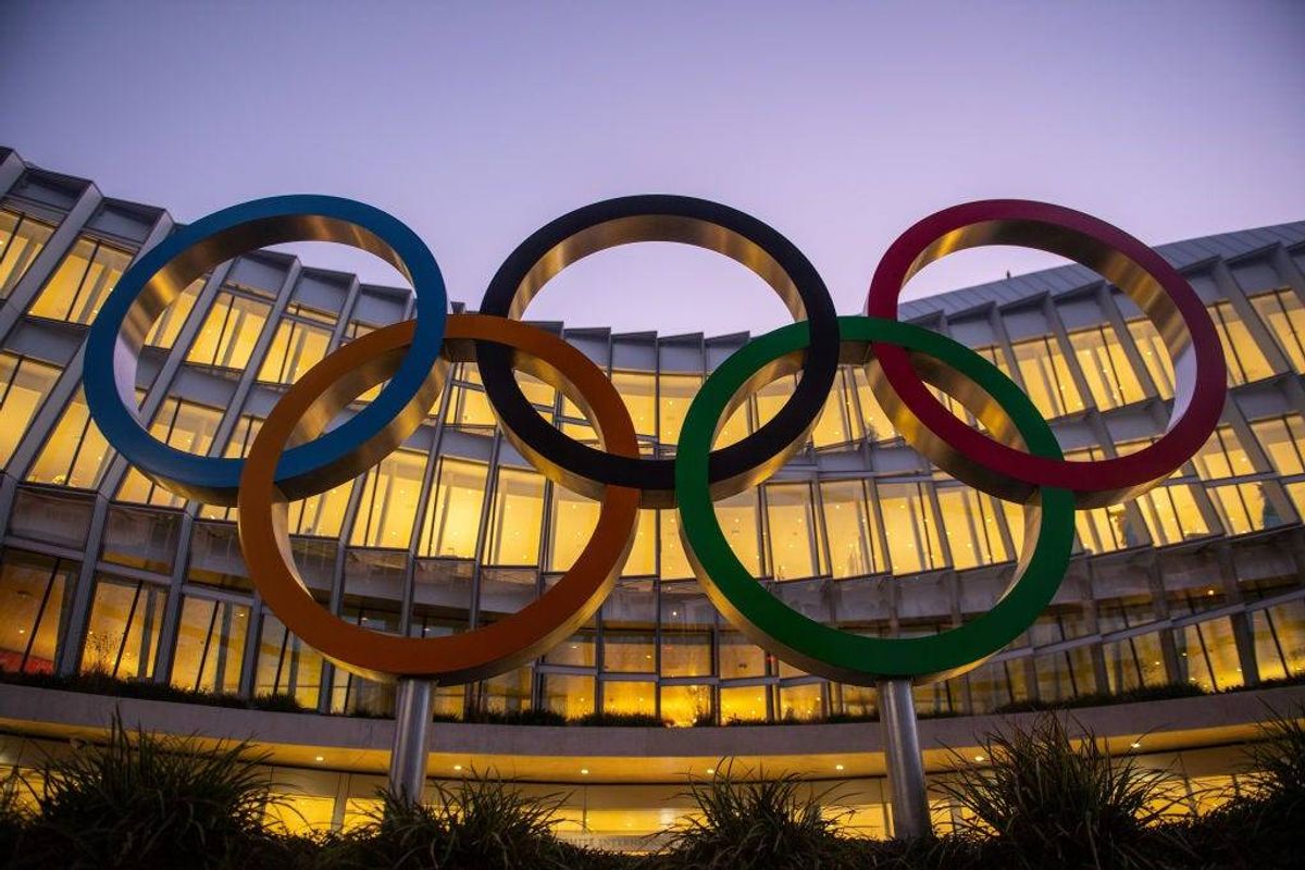The Olympic Rings sit on display outside the International Olympic Committee (IOC) Headquarters