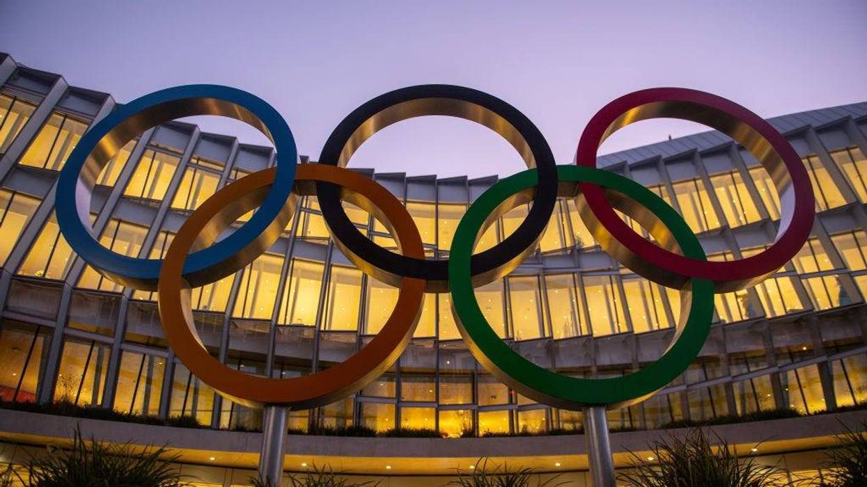 The Olympic Rings sit on display outside the International Olympic Committee (IOC) Headquarters