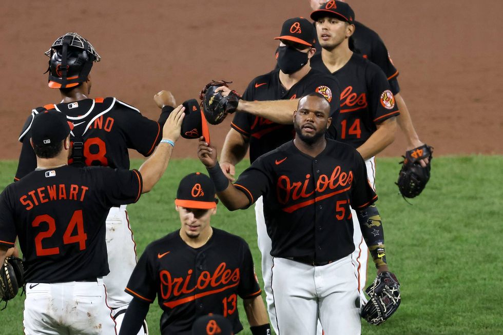 The Orioles celebrating a victory over Tampa Bay