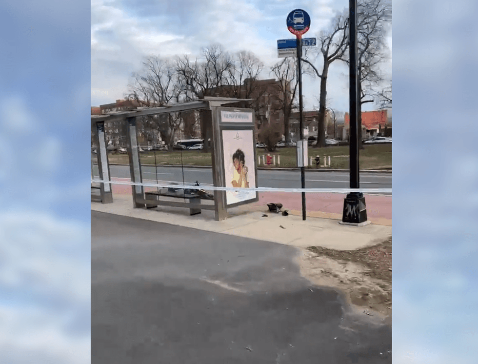 The out-of-control bike came to a rest beside a bus stop