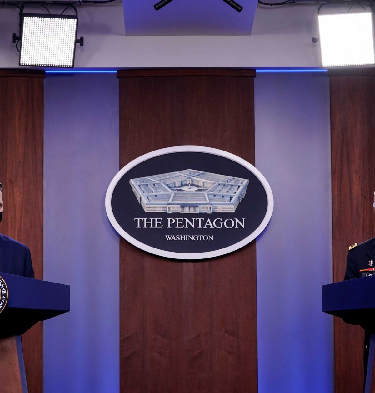 The Pentagon logo seen during a press conference in December 2020.