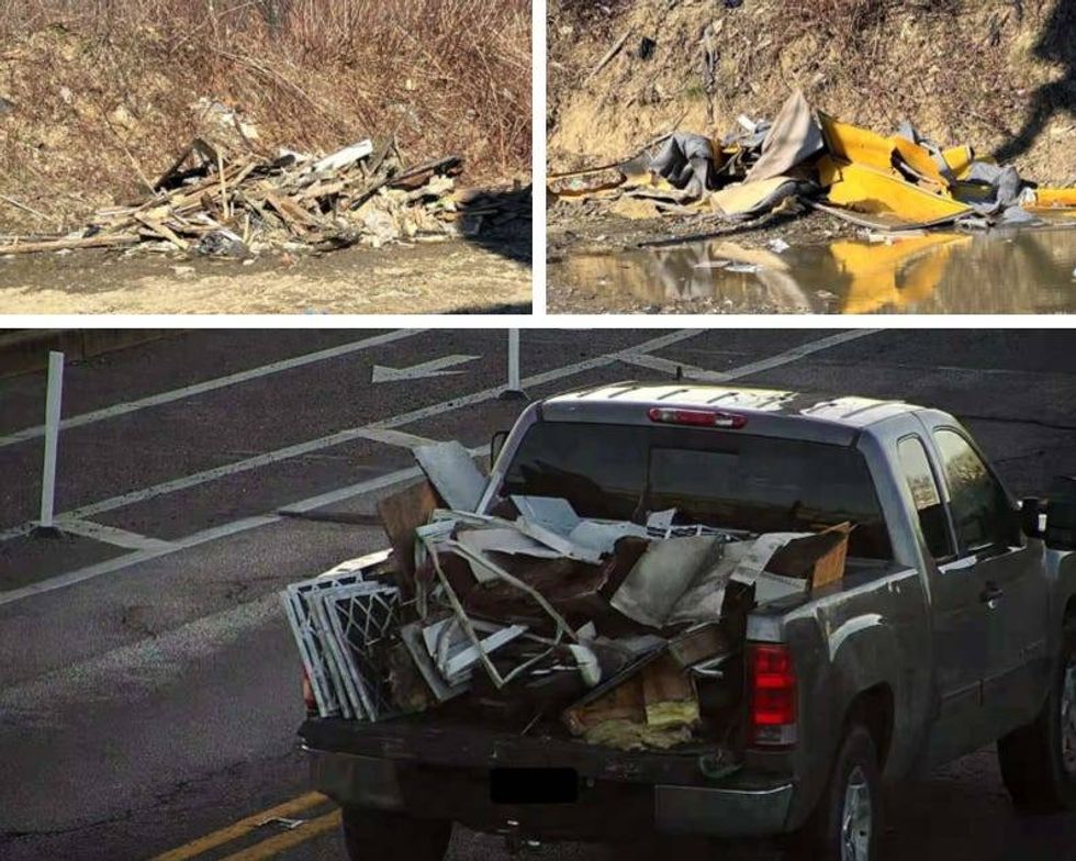 The person suspected in this illegal dumping at 500 Block of Byron Street lives in Camden and drove a 2009 Gray Chevy Silverado with a fake Pennsylvania license plate.
