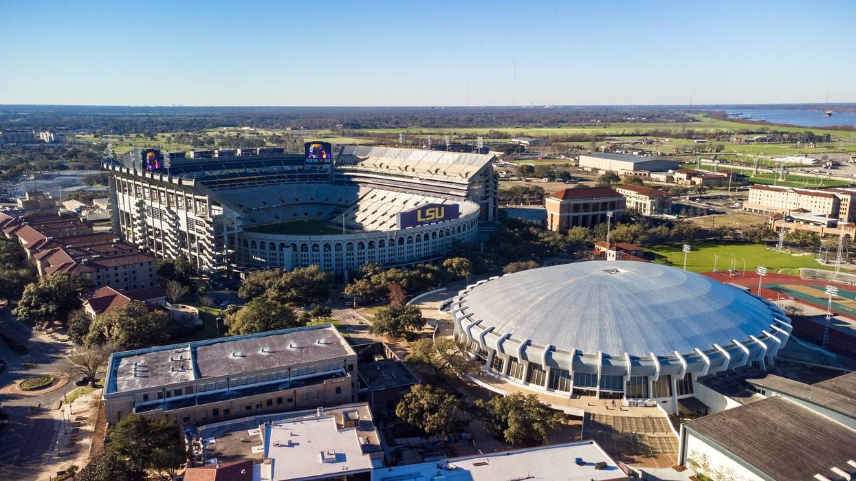 The Pete Maravich Assembly Center and Tiger Stadium on LSU campus in Baton Rouge, LA