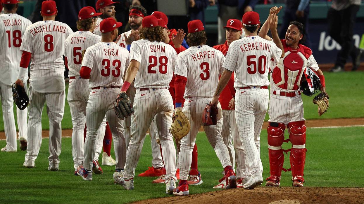The Philadelphia Phillies celebrate a 10-0 win over the Arizona Diamondbacks in Game Two of the Championship Series at Citizens Bank Park on Tuesday.