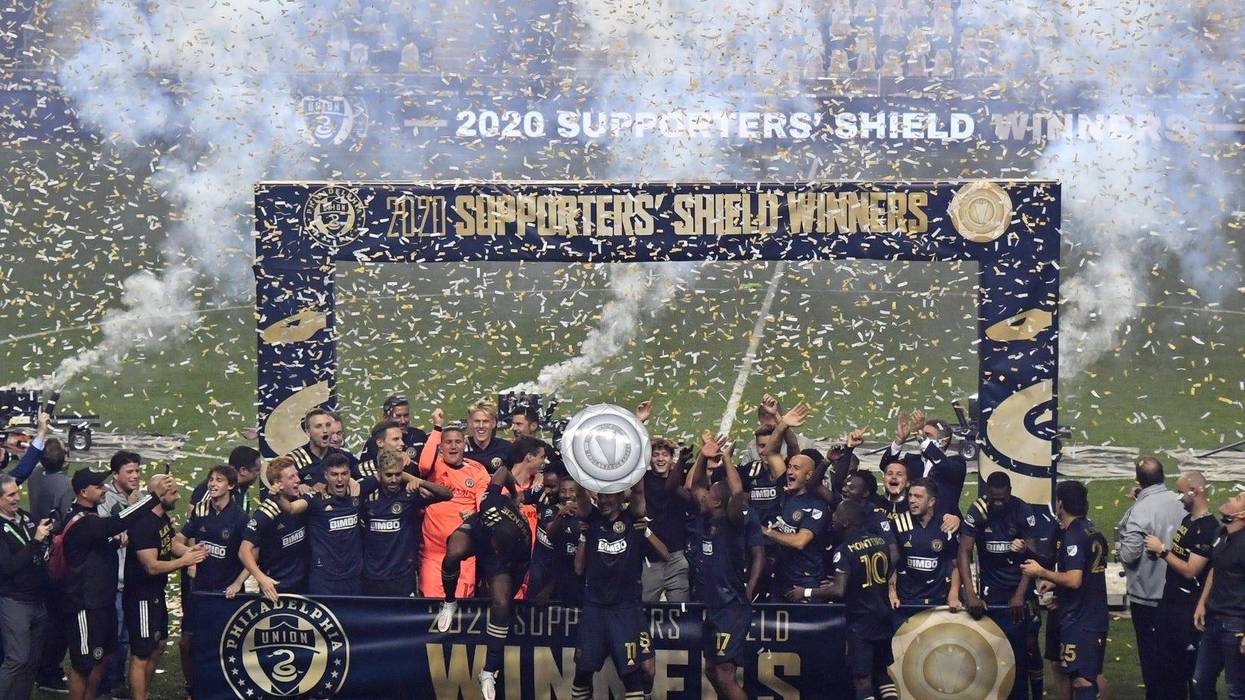 The Philadelphia Union celebrate winning the Supporters' Shield after defeating the New England Revolution at Subaru Park.