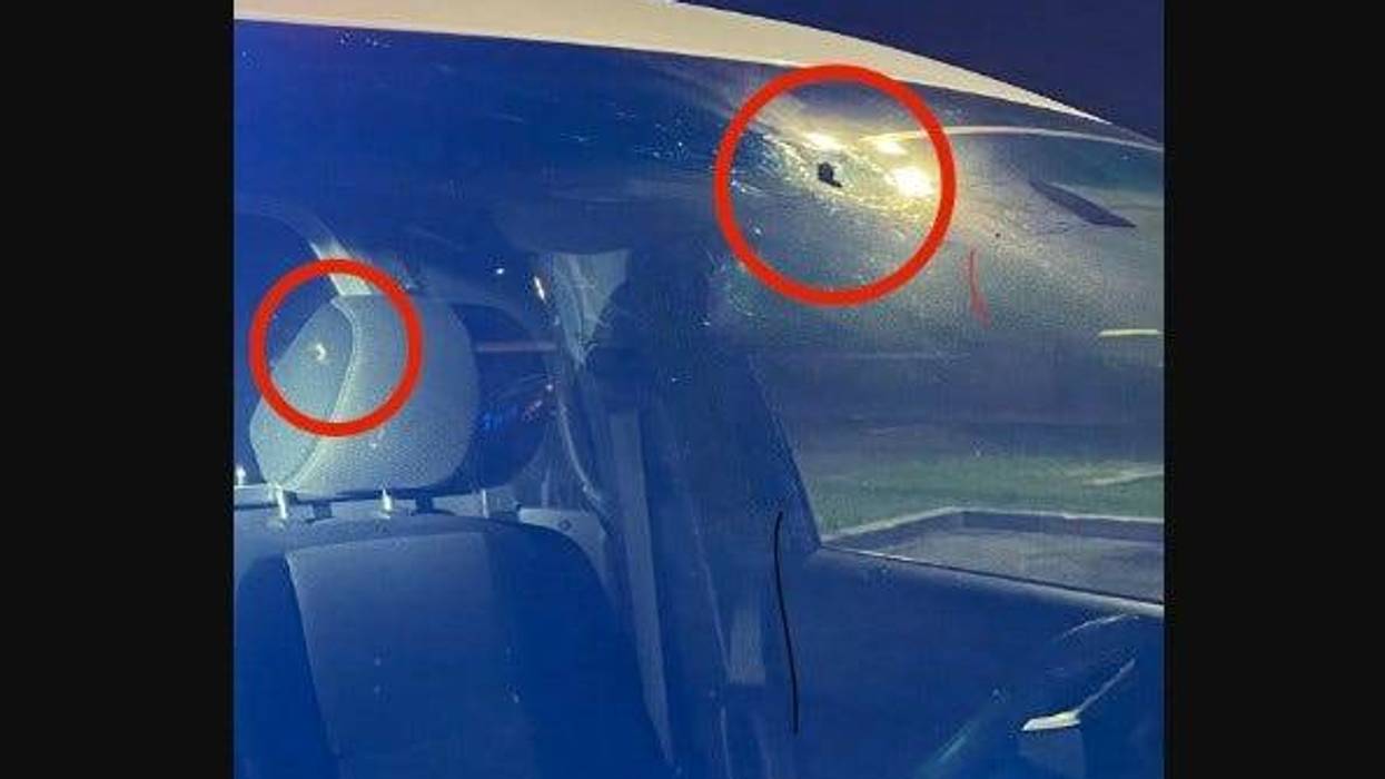The police vehicle was hit in the windshield and headrest.