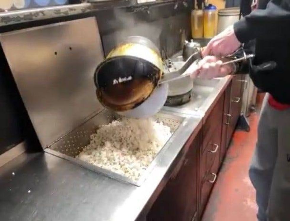 The popcorn is made in antique poppers and comes lightly salted with no butter.