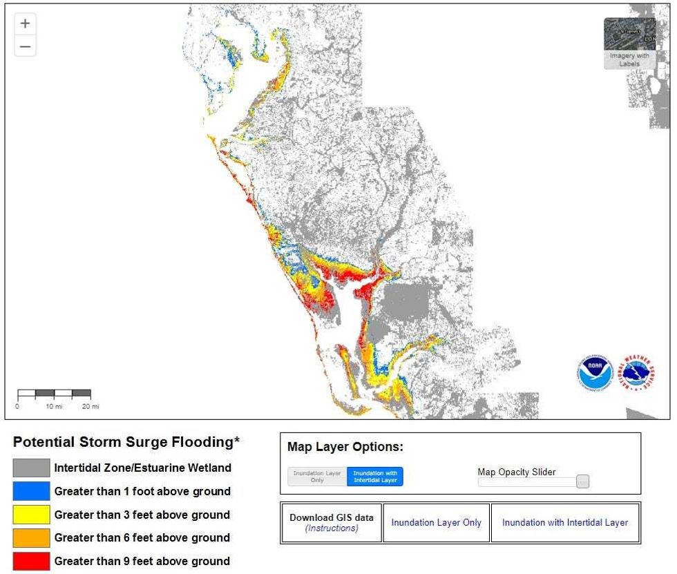 The potential storm surge in both the Fort Myers area (bottom) and Tampa Bay area (top) show significant areas where 3-9 feet of surge could cause major damage.