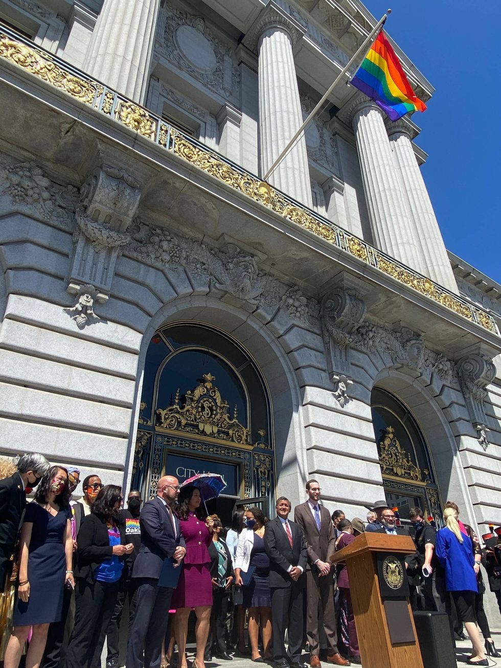 The Pride Flag flies above San Francisco City Hall to kick off Pride month, June 7, 2021.