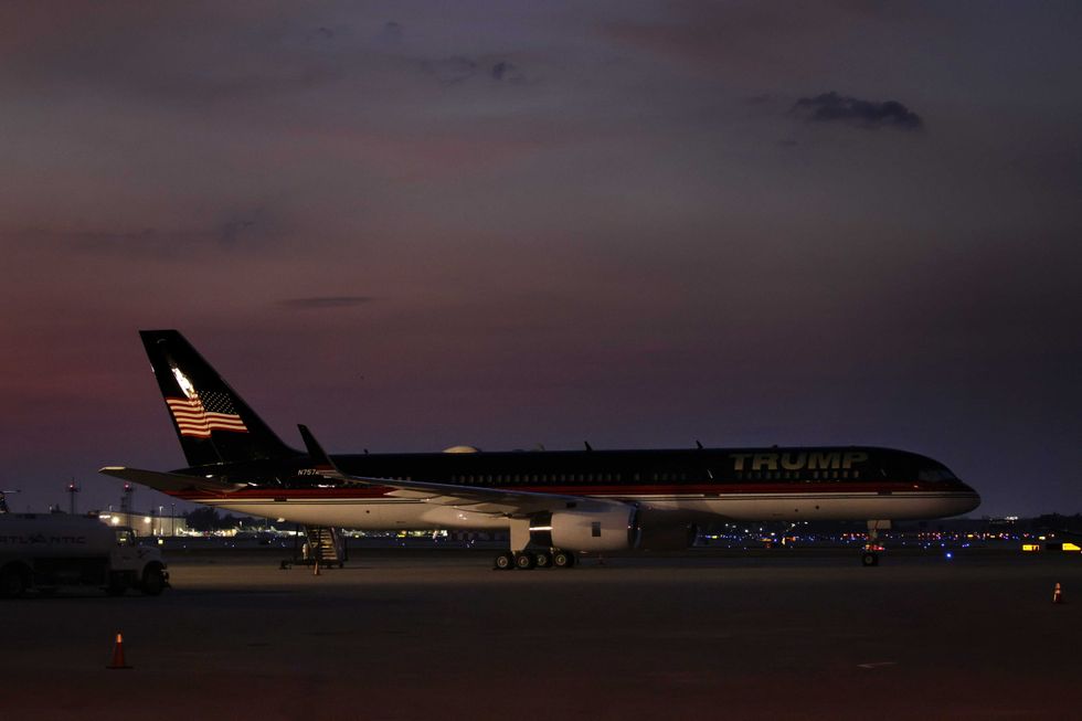 The private airplane of former President Donald Trump, also known as Trump Force One, is seen at the Palm Beach International Airport on April 2, 2023 in West Palm Beach, Florida