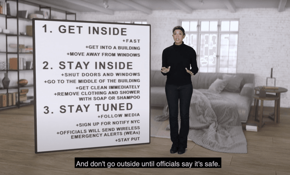 The PSA encourages New Yorkers to follow three steps in the event of a nuclear blast: "Get inside. Stay inside. Stay tuned."