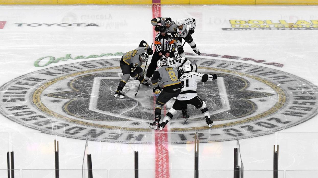 The puck is dropped to start the game between the Ontario Reign and the Henderson Silver Knights during the Silver Knights' inaugural regular-season home opener at the Orleans Arena on February 6, 2021 in Las Vegas, Nevada.