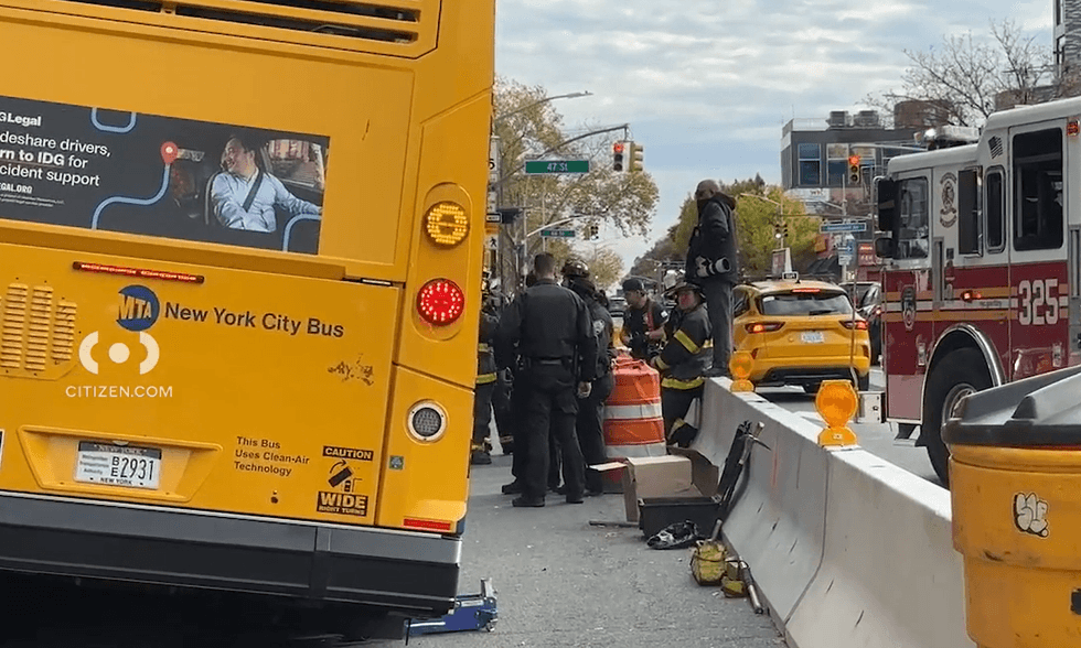 The Q32 bus was traveling eastbound on Queens Boulevard near 46th Street at the time of the crash.