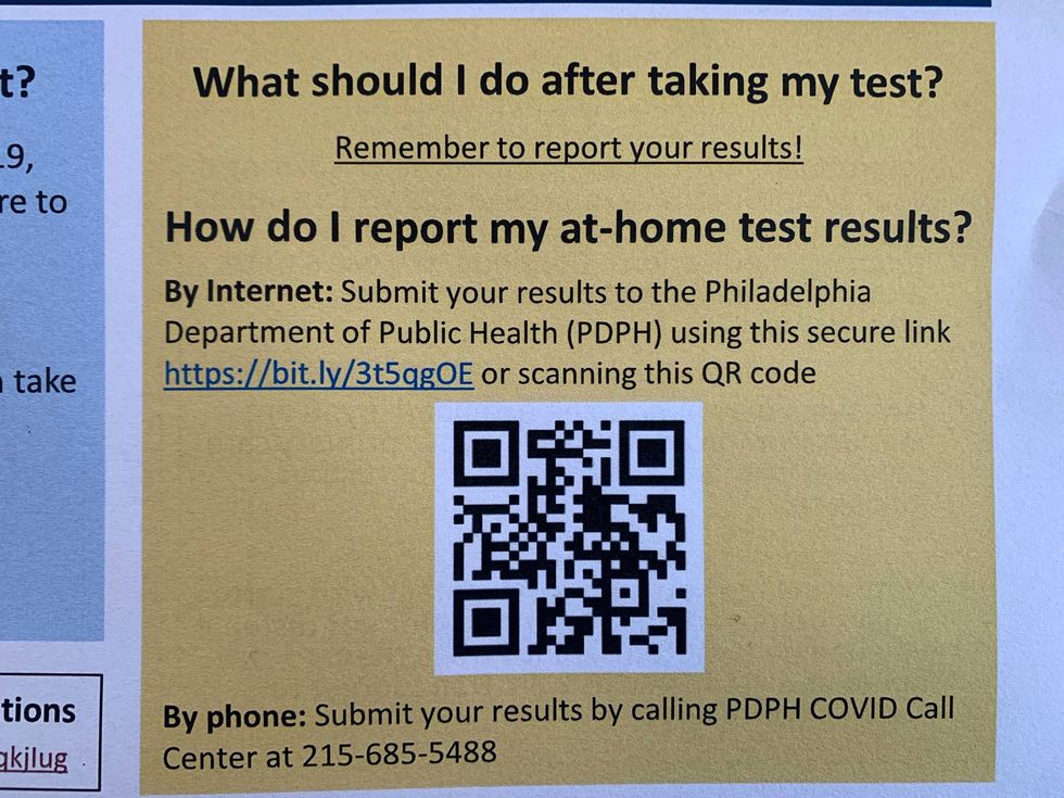The QR code and link for Philadelphia Department of Public Health COVID-19 test result reporting.
