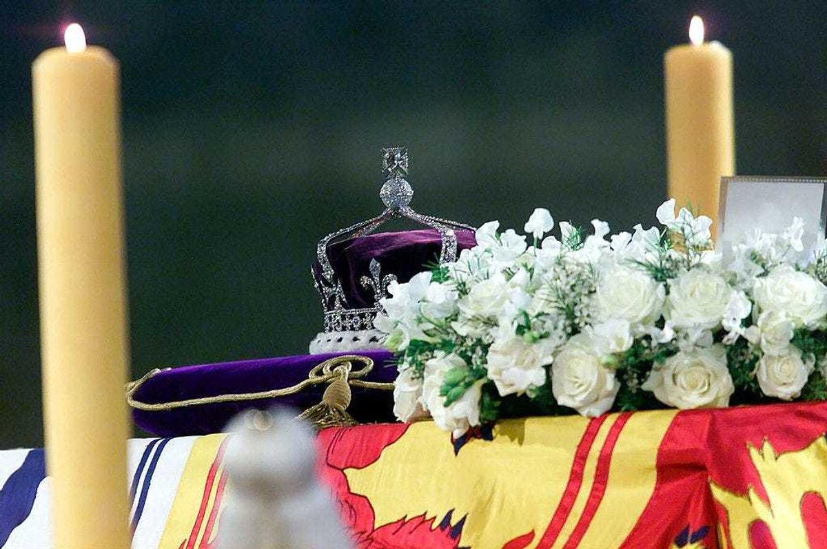 The Queen Mother's crown, bearing the Koh''i''noor diamond, lies on the coffin of the Queen Mother as it lies in state April 5, 2002 in Westminster Hall, London.