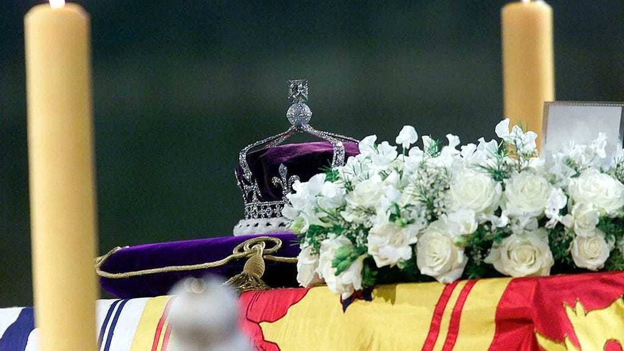 The Queen Mother's crown, bearing the Koh''i''noor diamond, lies on the coffin of the Queen Mother as it lies in state April 5, 2002 in Westminster Hall, London.