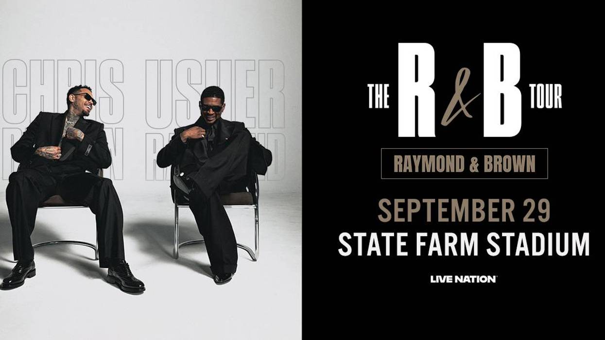 "The R&B Tour" poster featuring Chris Brown & Usher in suits. Sept 29, State Farm Stadium.
