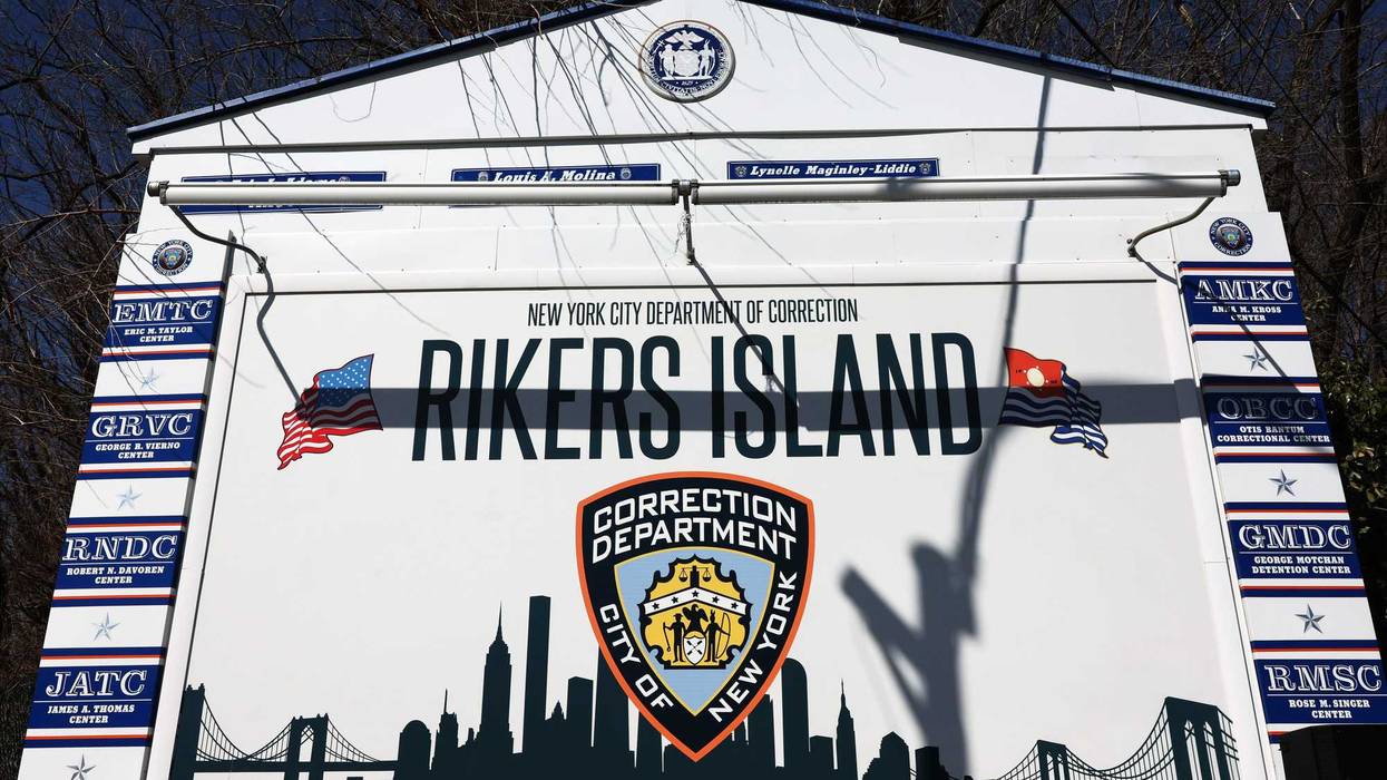 The Rikers Island jail sign is seen on March 07, 2023 in New York City.