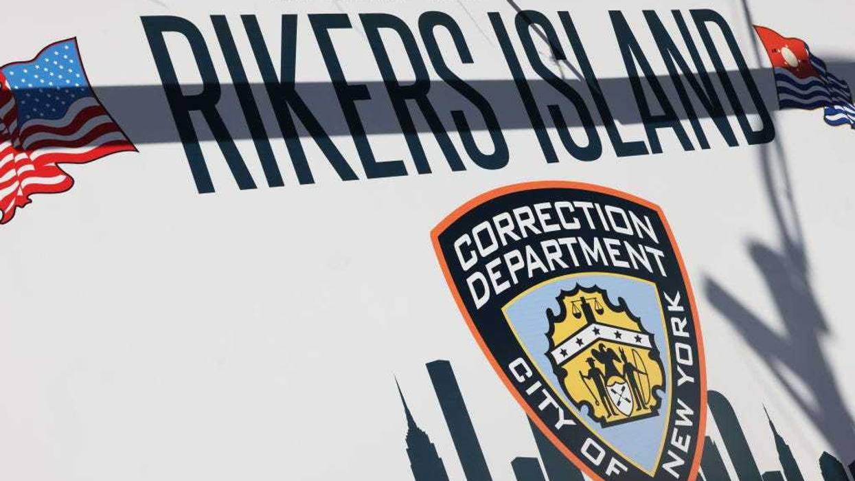 The Rikers Island jail sign is seen on March 7, 2023 in New York City.