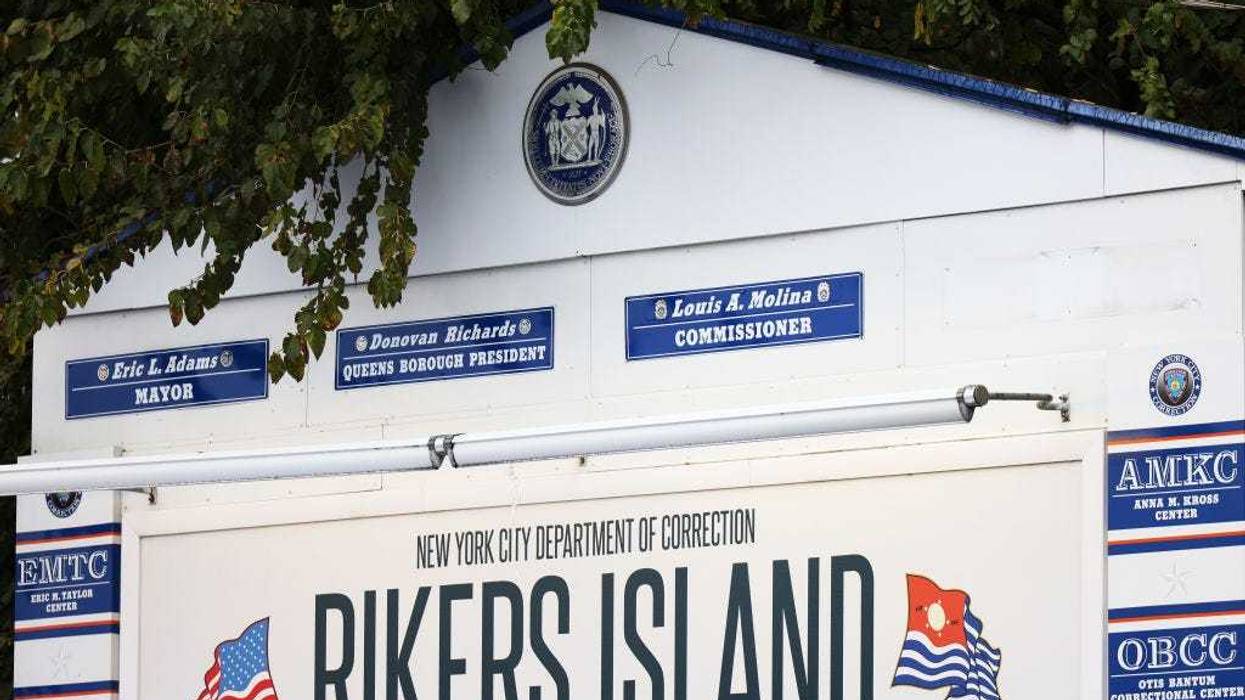 The Rikers Island jail sign is seen on October 24, 2022 in New York City.