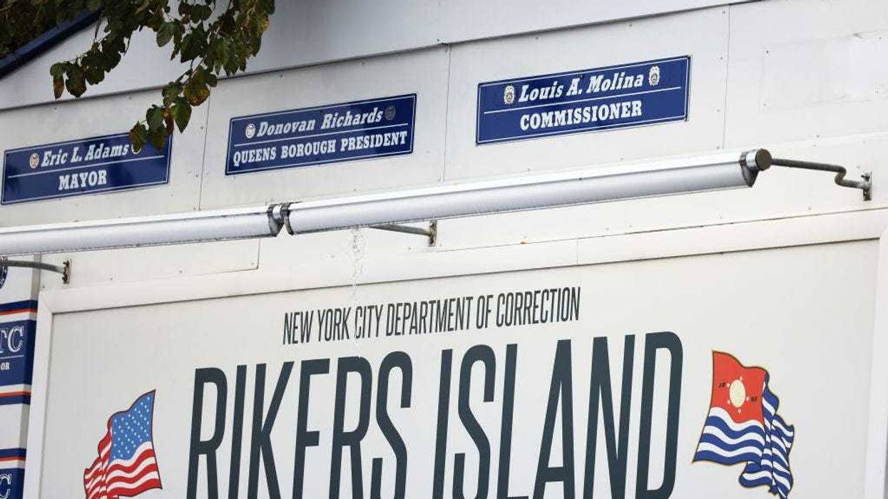 The Rikers Island jail sign is seen on October 24, 2022 in New York City.
